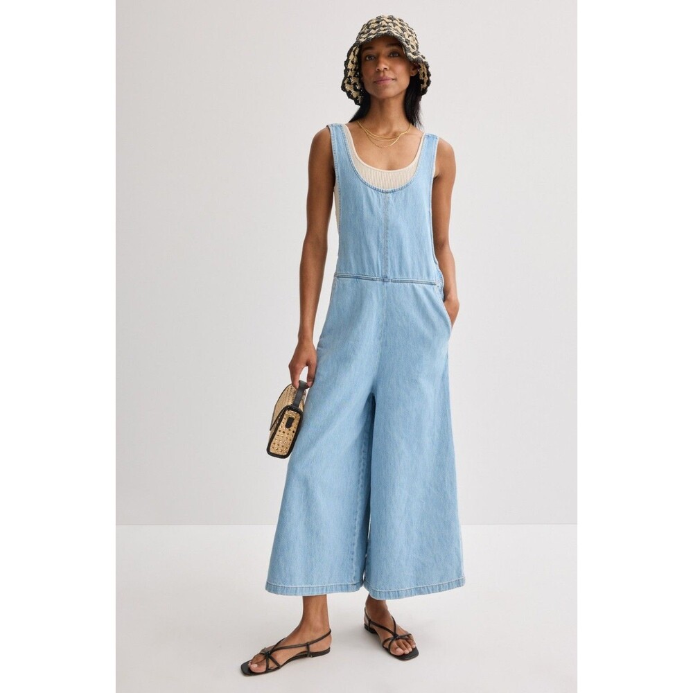 Marine Layer Women Denim Wide Leg Jumpsuit Overalls Size Small Light Wash Layla - Picture 2 of 14